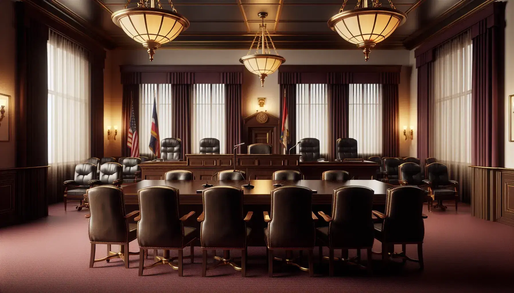 Sala de tribunal vacía con mesa de madera oscura, sillas de cuero negro, estrado de juez y bandera nacional, iluminada por lámparas colgantes y ventanas laterales.