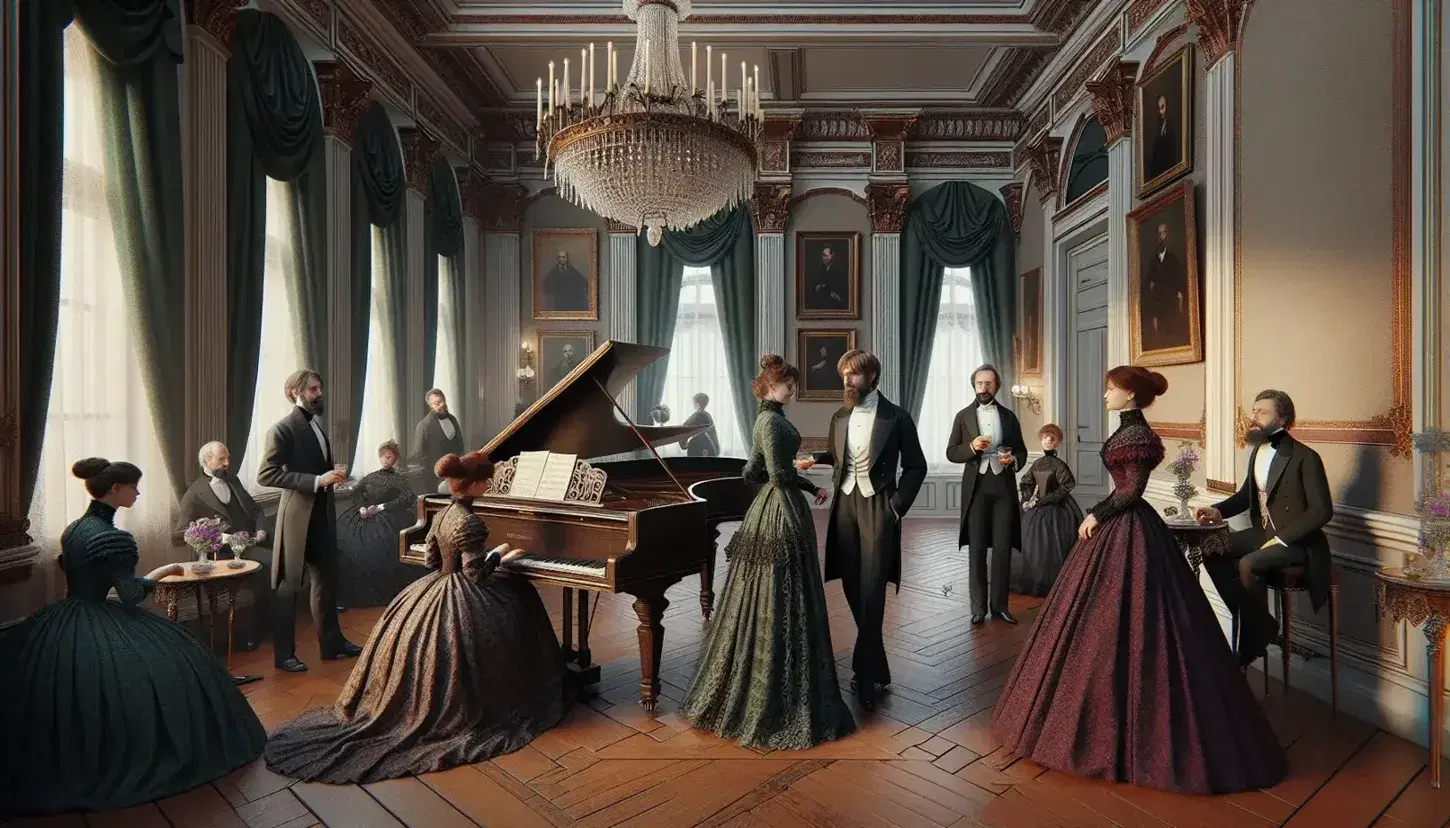 19th-century Russian salon scene with elegantly dressed individuals, a grand piano, and ornate interior details, evoking a Dostoevsky novel ambiance.