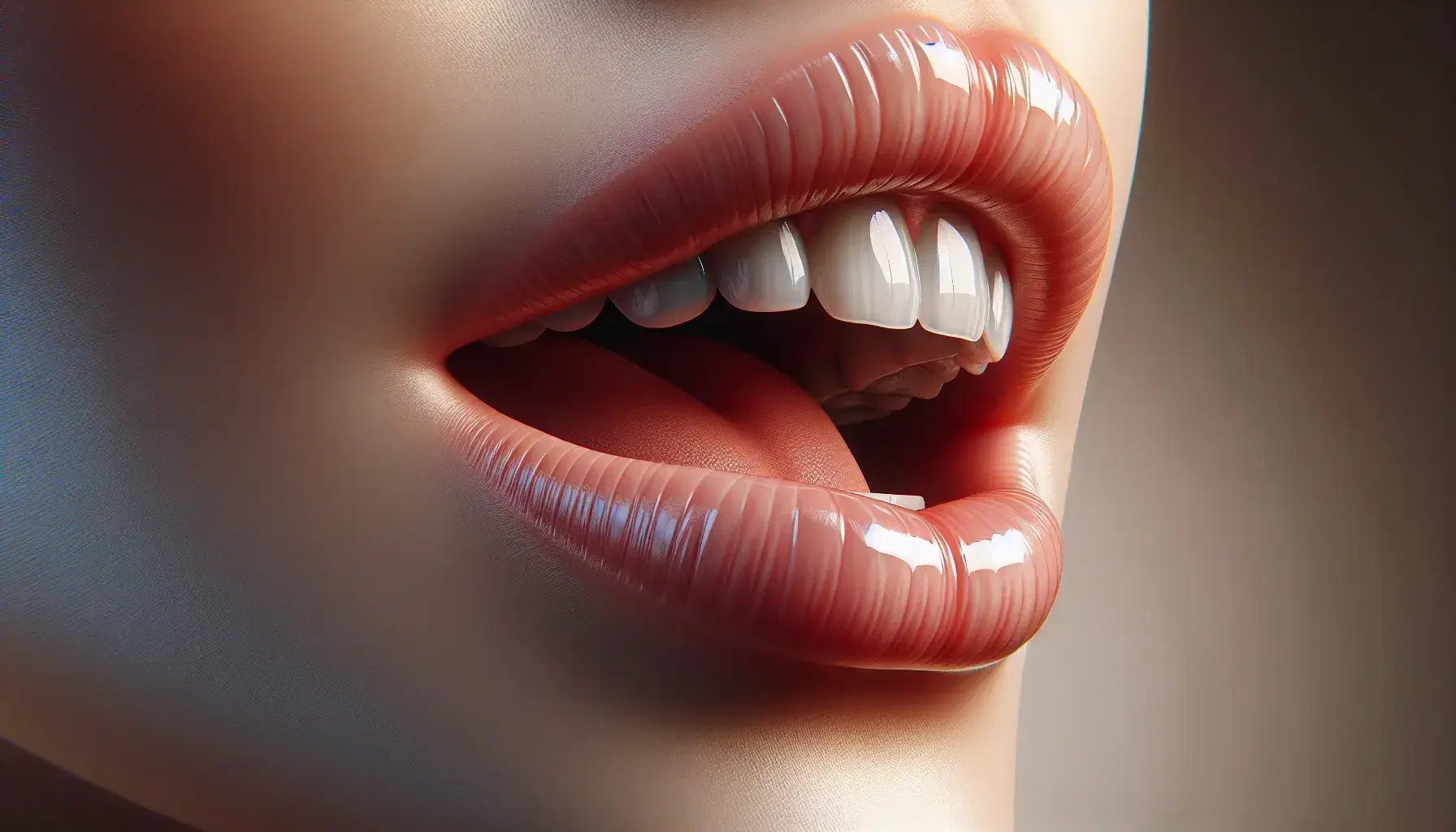 Close-up profile view of a human mouth with slightly parted, glossy pink lips and white, aligned teeth gently touching, set against a blurred background.
