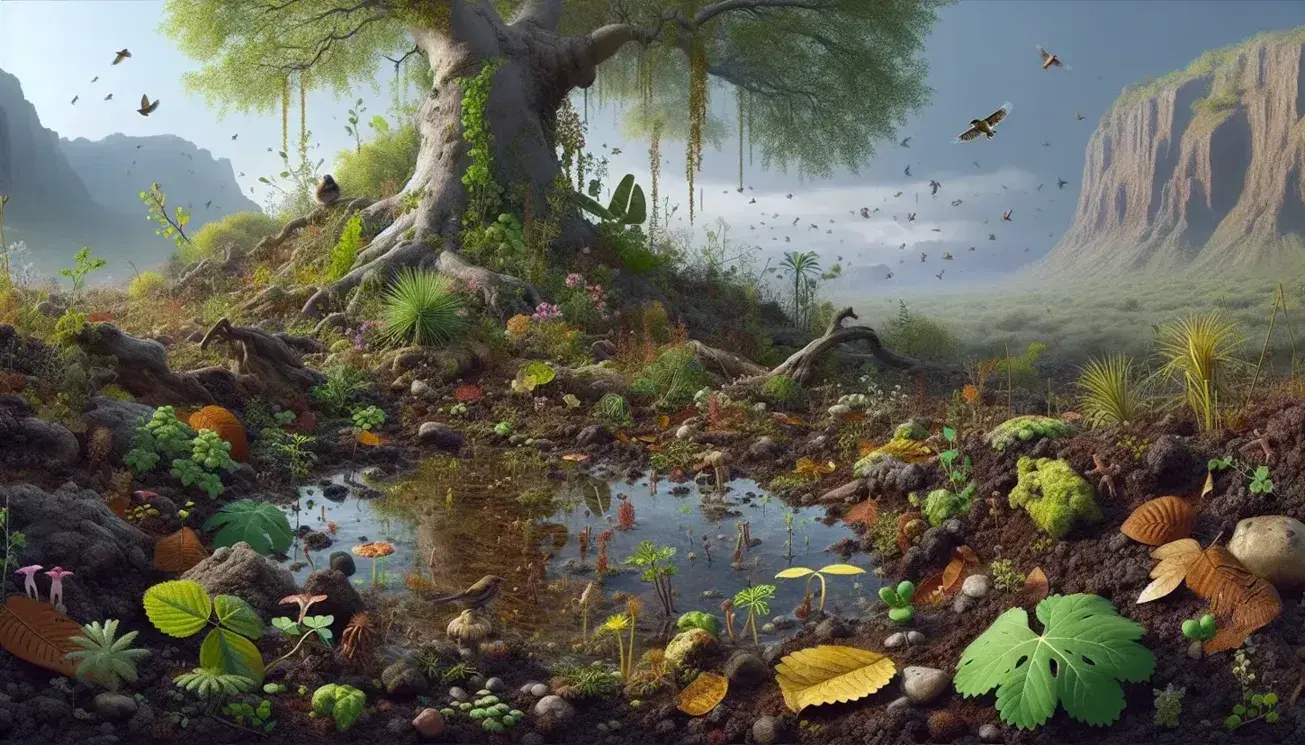 Paisaje natural con suelo marrón, hojas caídas, charco reflejante, árbol robusto con hojas verdes y aves, bajo un cielo azul con montañas al fondo.