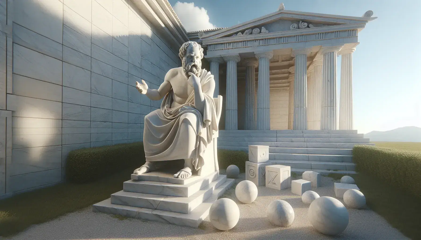 Estatua de mármol blanco de Sócrates pensativo con mano izquierda levantada, rodeado de columnas dóricas, escalinatas y formas geométricas bajo un cielo azul.
