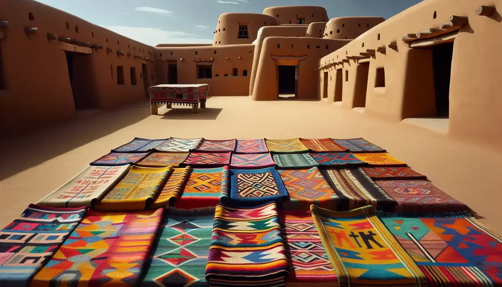 Telas coloridas con patrones geométricos y figuras estilizadas frente a una estructura de adobe típica, iluminadas por luz natural.