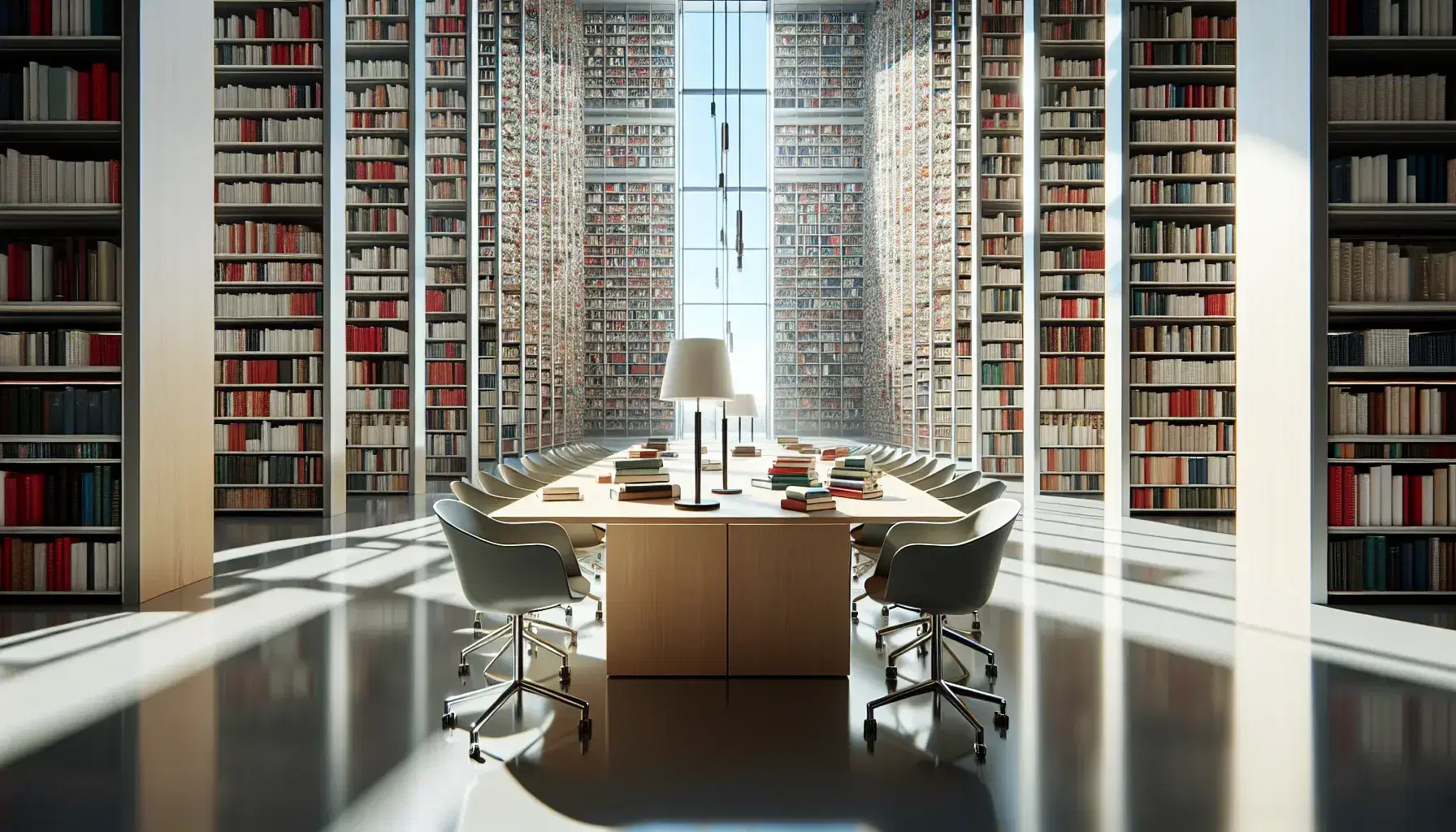 Biblioteca moderna y luminosa con estanterías altas llenas de libros de colores variados, mesa rectangular de madera rodeada de sillas ergonómicas y una lámpara de pie, con amplia ventana al fondo.
