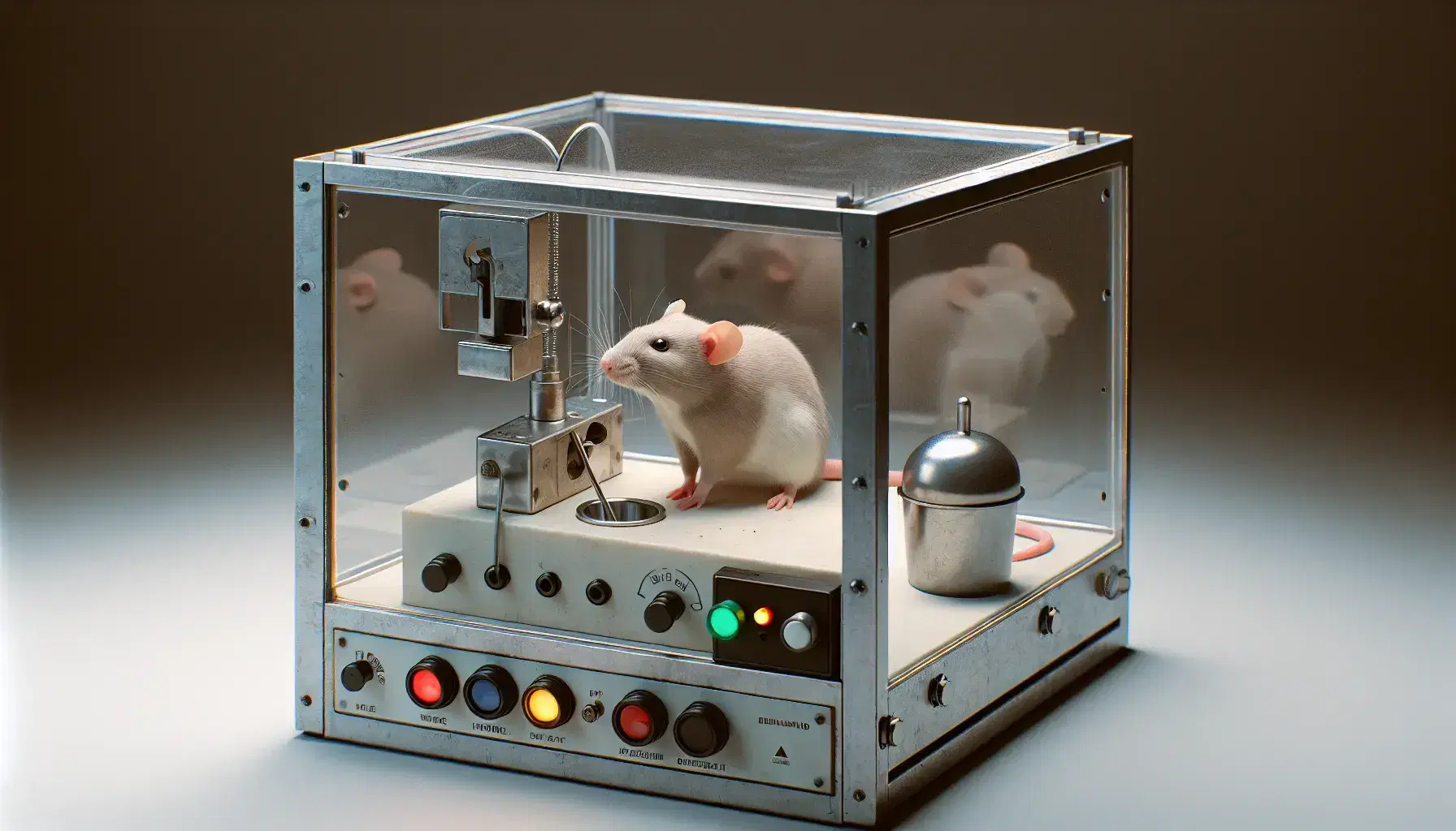 Light brown rat standing on hind legs pressing a lever in a transparent operant conditioning chamber with dish and control panel.