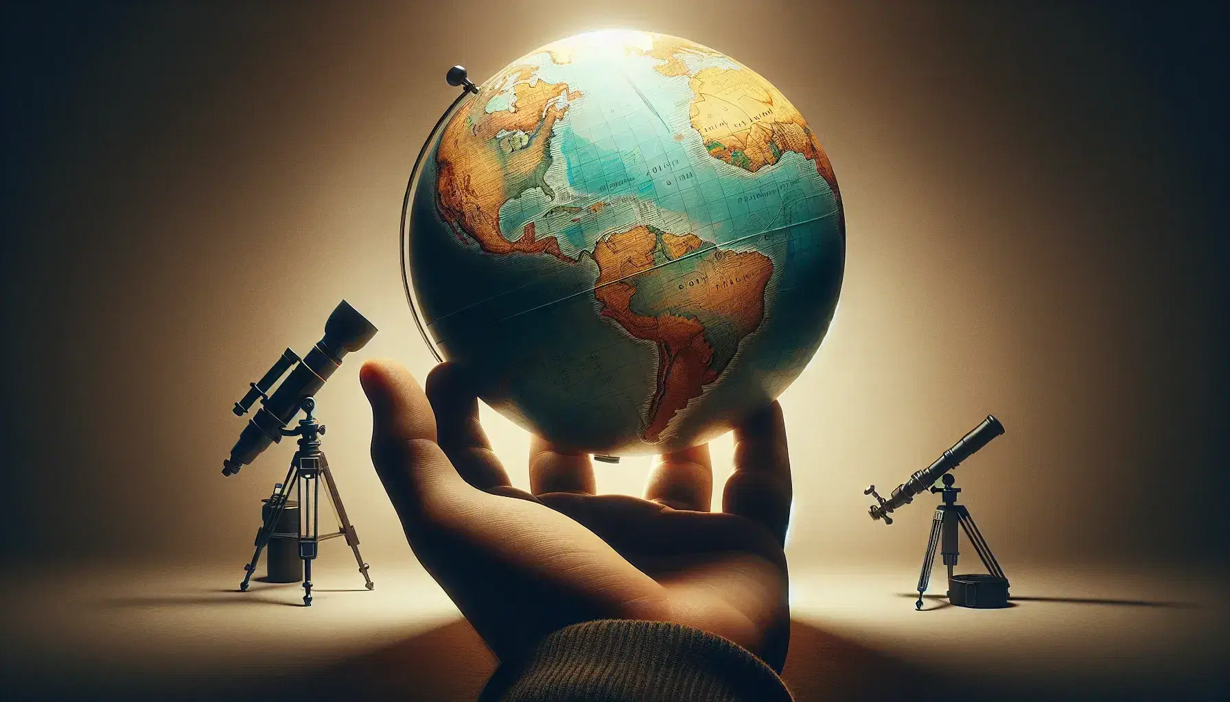 Globo terrestre dettagliato sostenuto da una mano umana con sfondo neutro e telescopio astronomico sfocato sullo sfondo.