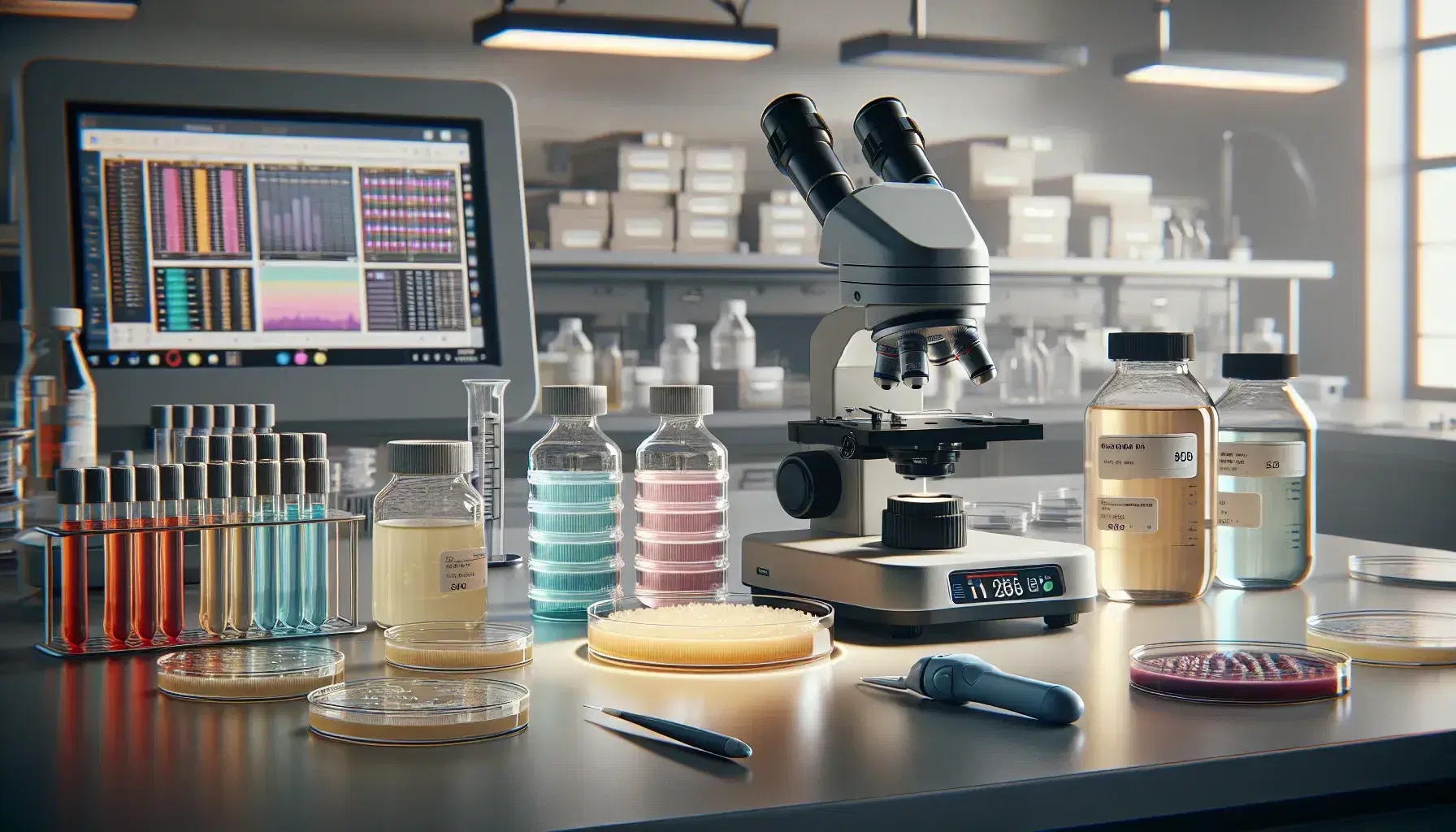 Laboratorio de investigación biomédica con microscopio electrónico, frascos de líquidos coloridos, pipeta automática, platos de Petri y computadora con gráficos.