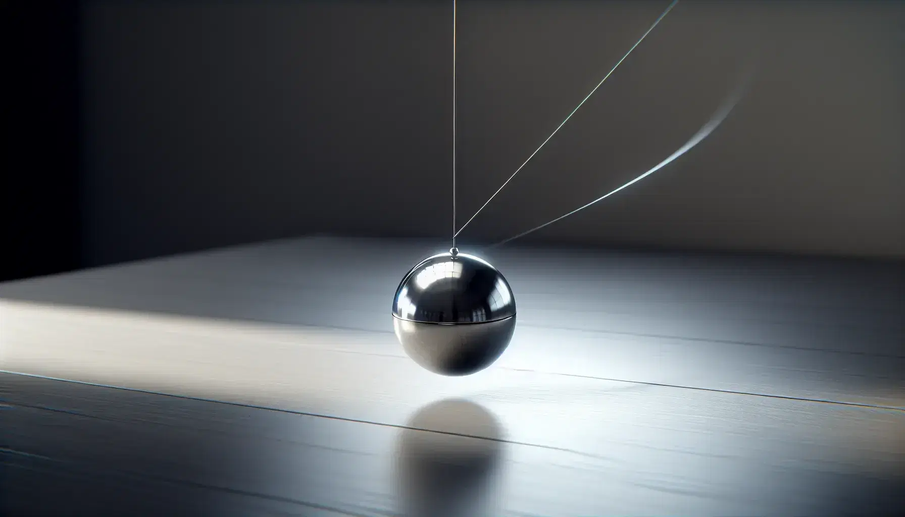 Pendolo semplice in movimento con sfera metallica al punto più alto, filo sottile e sfondo sfocato da laboratorio.