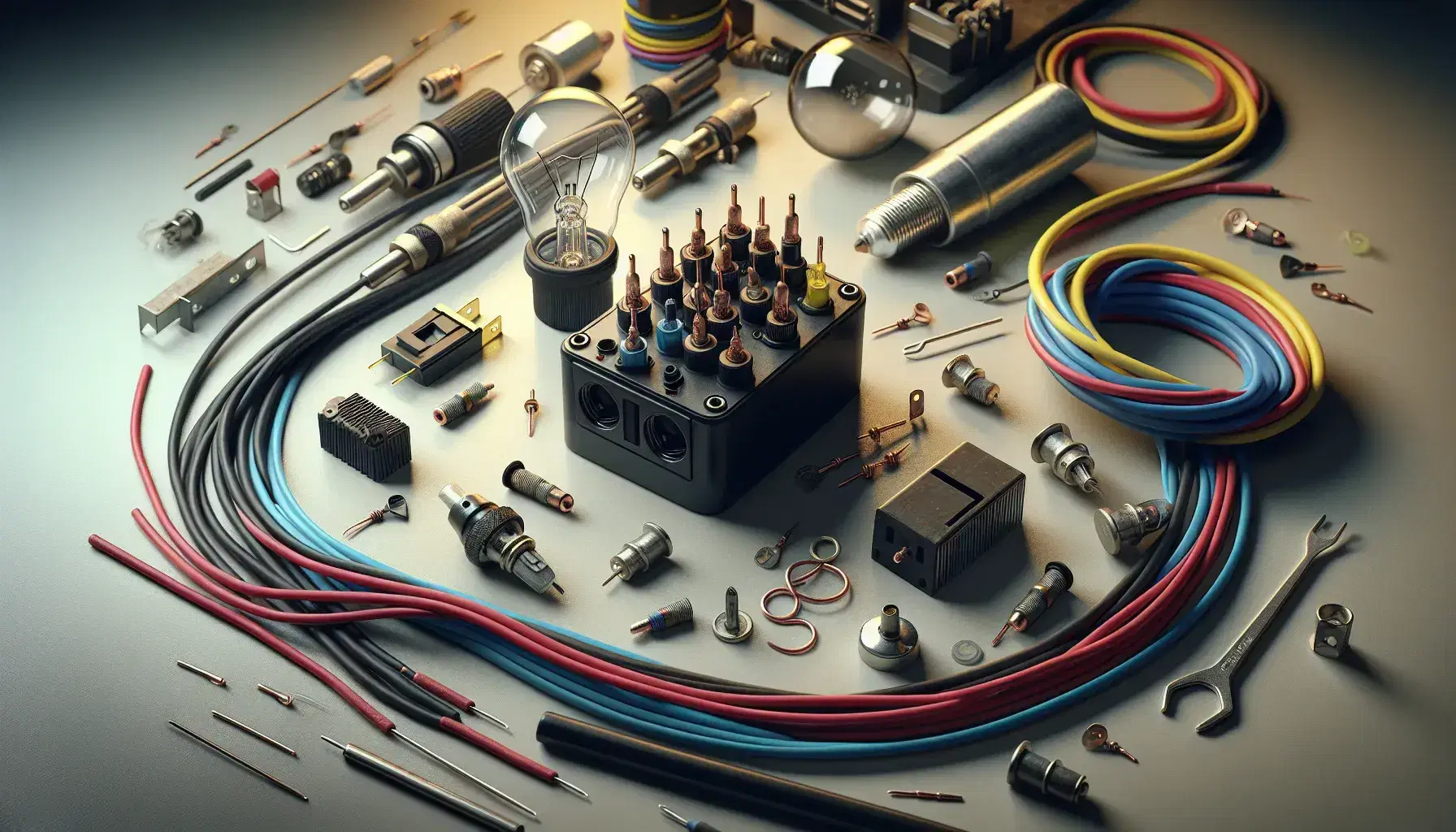 Mesa de trabajo con componentes eléctricos incluyendo fuente de poder negra, cables multicolores, bombilla, motor eléctrico y fusible de vidrio.