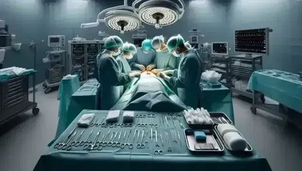 Equipo quirúrgico realizando una operación con paciente anestesiado, rodeado de instrumentos médicos y monitor de signos vitales.