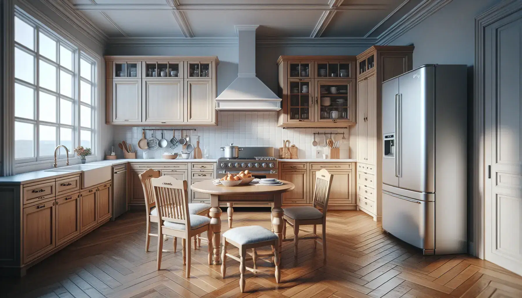 Home kitchen with central wooden table, chairs, stainless steel appliances, wooden cabinets, bright window and geometric carpet.