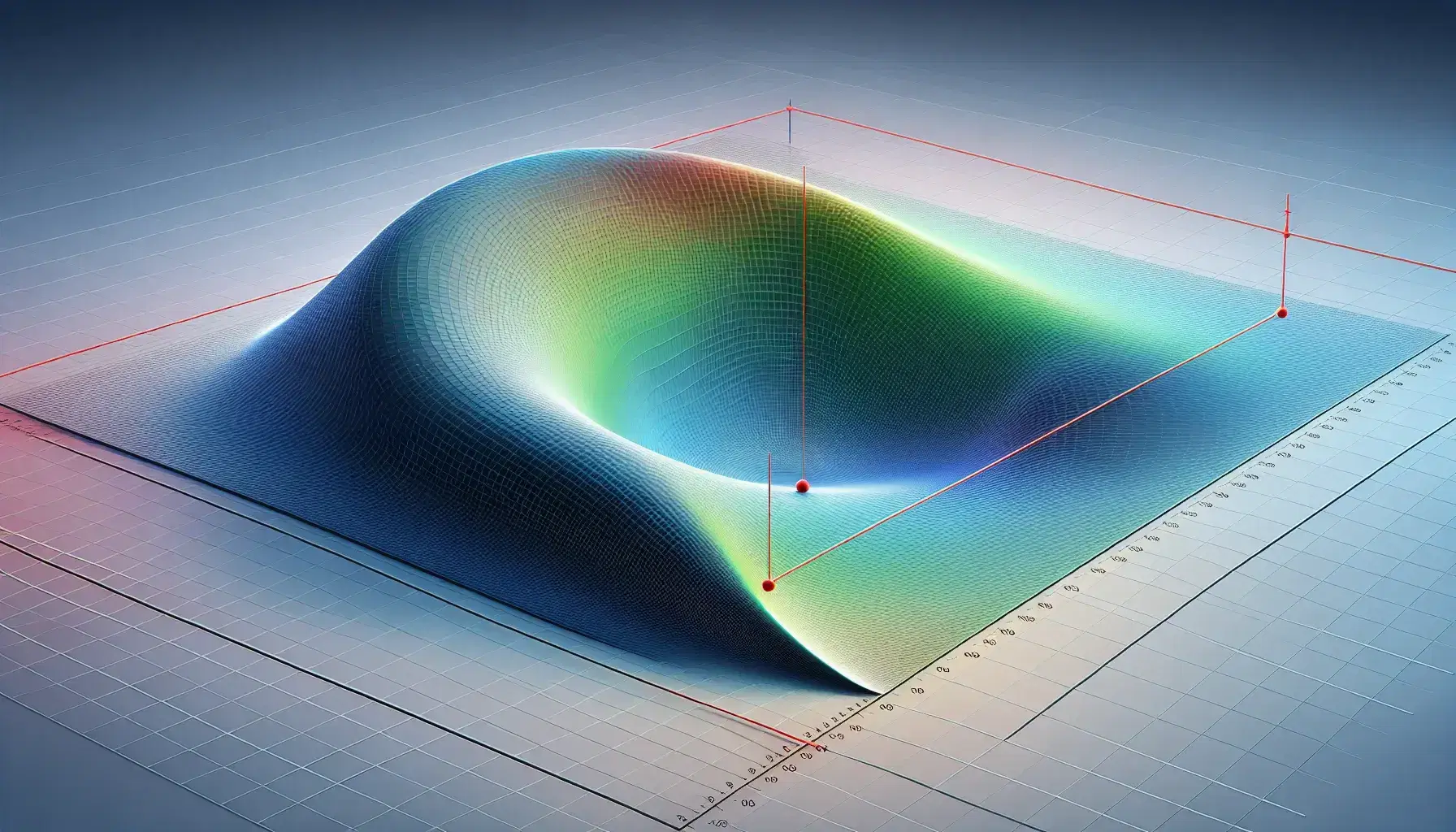 3D graph with a color-gradient hill-like surface intersected by a semi-transparent plane and a red dot above with a perpendicular normal line.