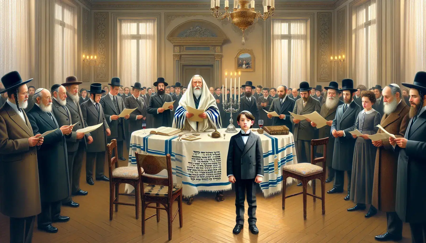 Ragazzo in abito scuro e kippah con rabbino in tallit bianco accanto a Sefer Torah in sinagoga, persone attorno osservano la cerimonia.