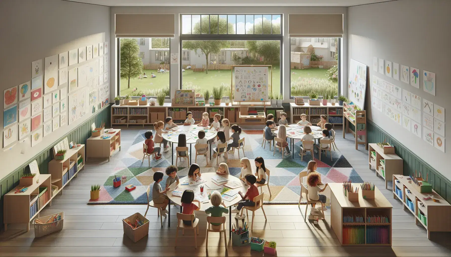 Aula escolar luminosa con niños trabajando en mesa redonda y otros sentados en alfombra escuchando a un adulto, estantería con libros y juegos, y ventanas con vista a zona verde.