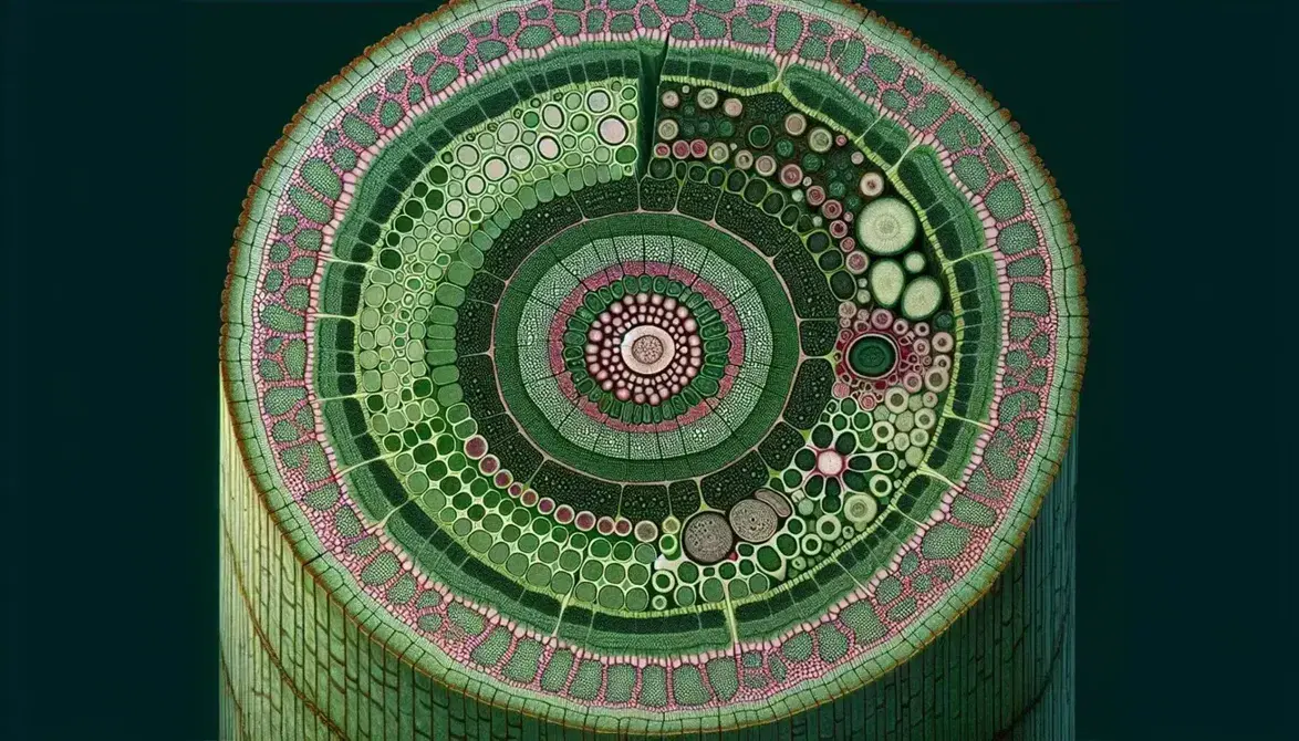 Cross-section of a plant stem showing epidermis, cortex, vascular cambium, phloem, and xylem tissues in a detailed magnification.