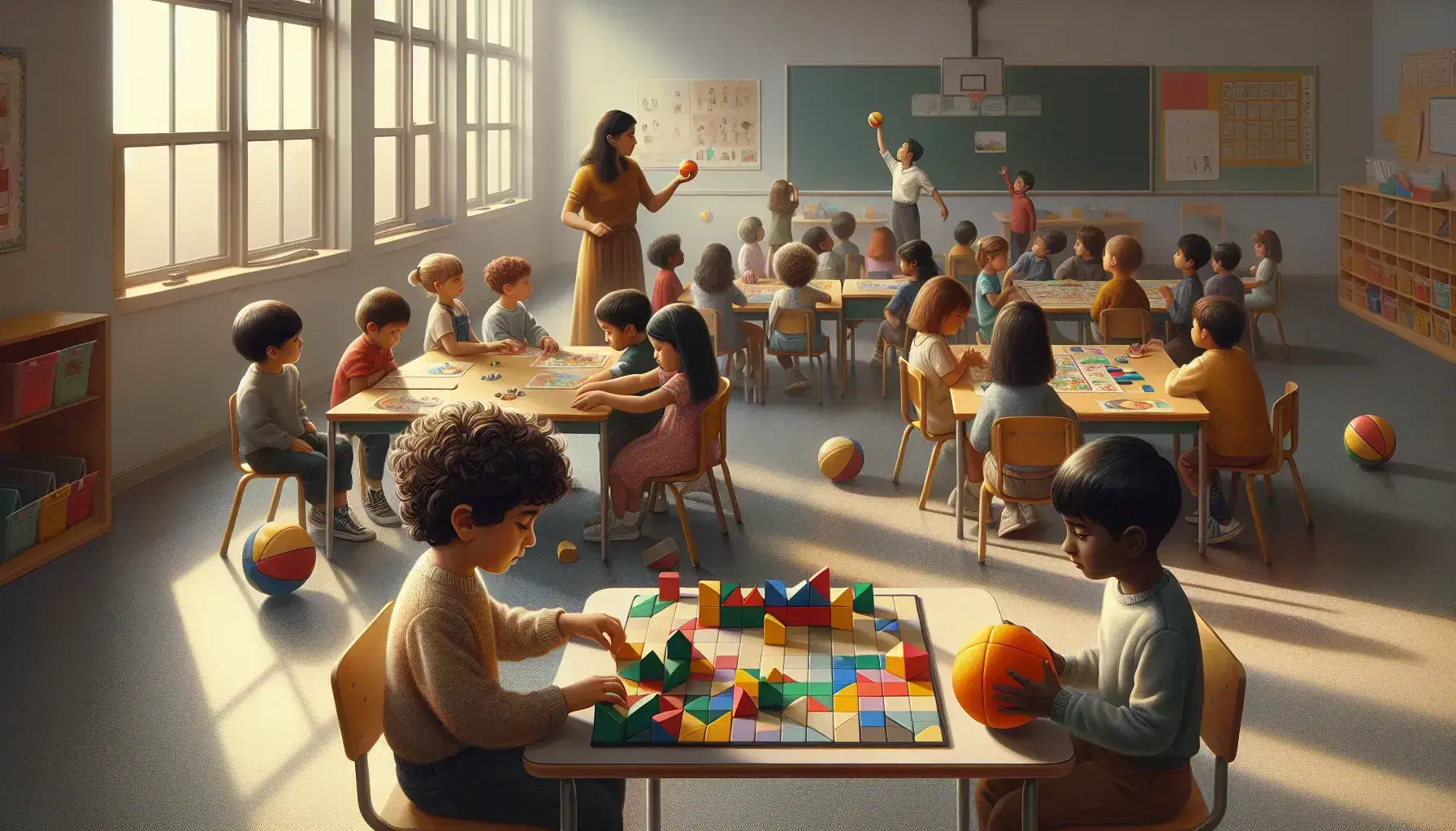 Middle Eastern child solves a geometric puzzle, black child plays with orange ball, group of children follows lesson, child browses book with yellow giraffe.