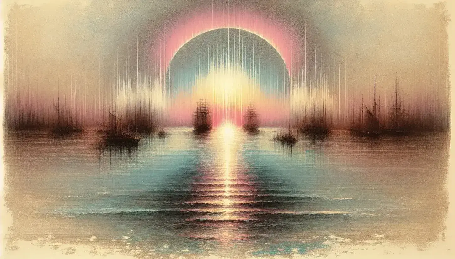 Alba sul mare con cielo sfumato da rosa a blu, sole radiante a sinistra e silhouette di barche a vela sulla destra.