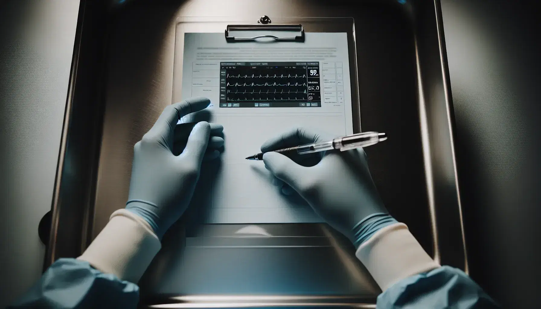 Manos de profesional de enfermería con guantes de látex azules sosteniendo hoja en blanco y bolígrafo, con fondo de monitor de signos vitales y bandeja de acero inoxidable.