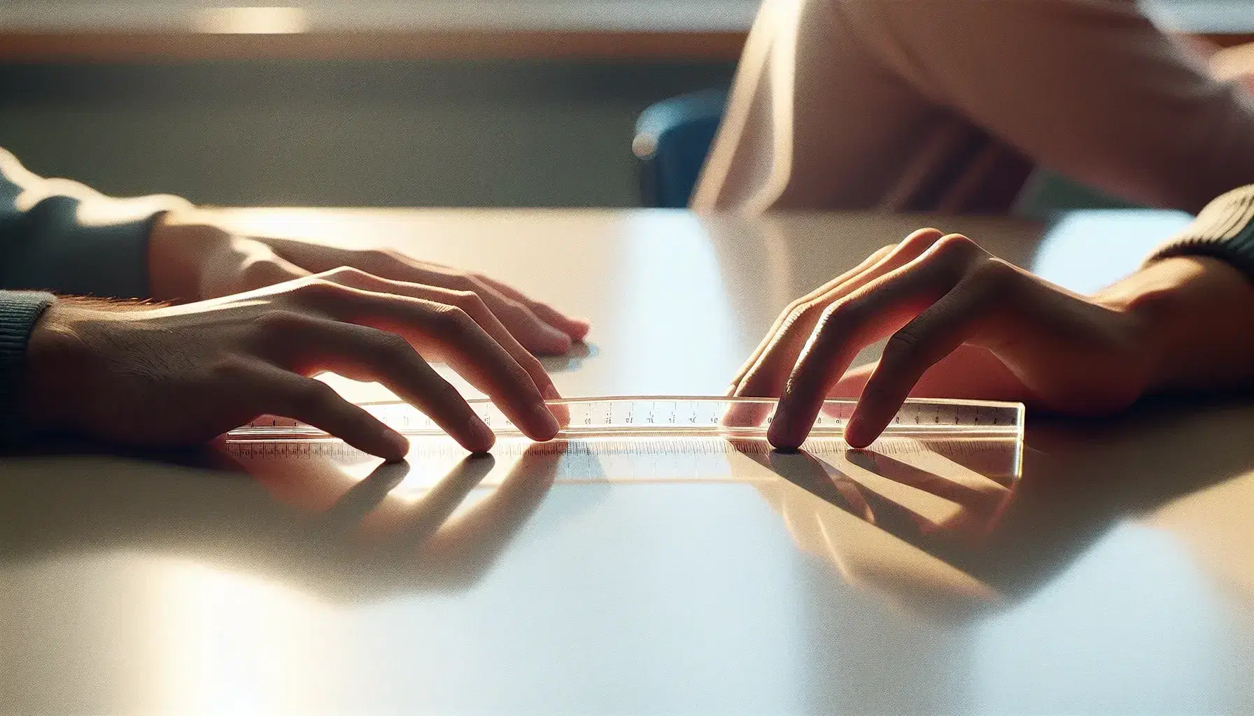 Two hands, one light and one dark, hold the ends of a transparent, flexible ruler on a table, creating a light bow.