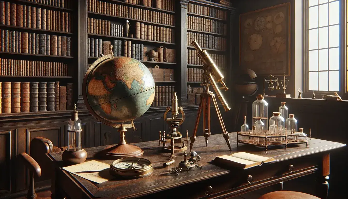 Estudio del siglo XVI con mesa de madera, globo terráqueo, brújula, telescopio antiguo, microscopio de latón, estantería con libros encuadernados y frascos de vidrio bajo luz natural.