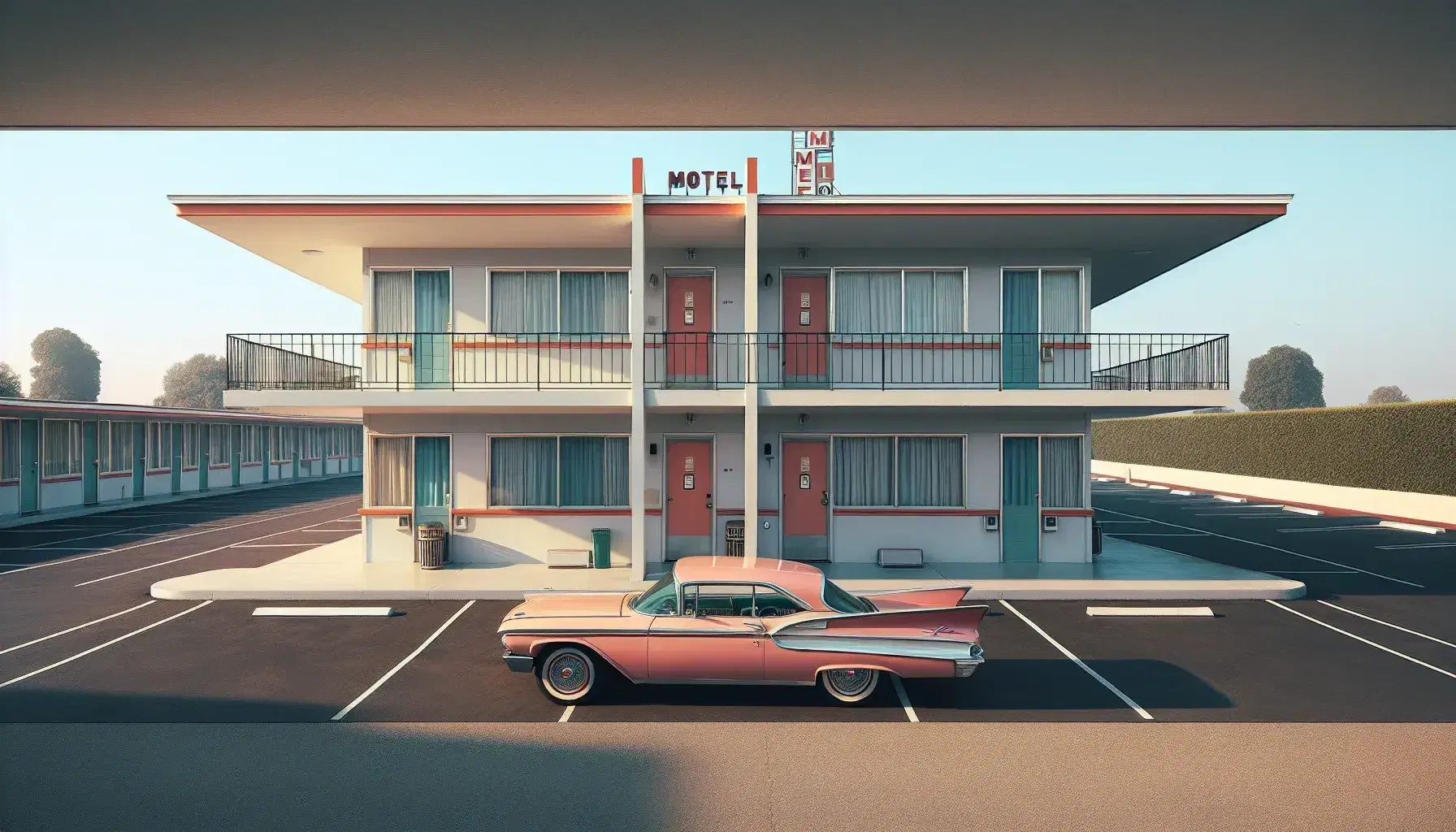 Vintage 1960s American motel with pastel facade, neon sign, classic car parked out front, and a clear blue sky, evoking mid-20th-century nostalgia.