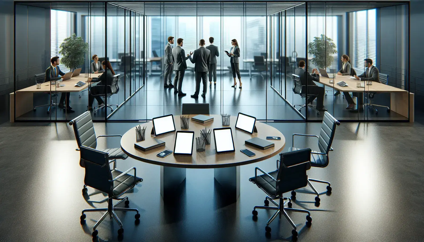 Round table with digital devices and notebooks in a modern office, with individuals in glass-partitioned areas engaged in discussion and focused work.