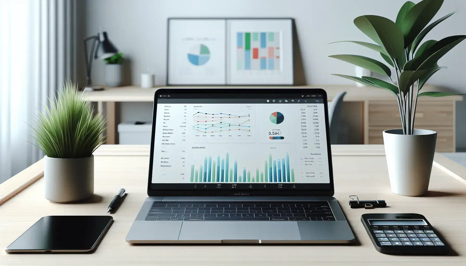 Escritorio moderno y ordenado con portátil plateado mostrando gráficos, calculadora negra apagada, smartphone y planta verde en maceta blanca.