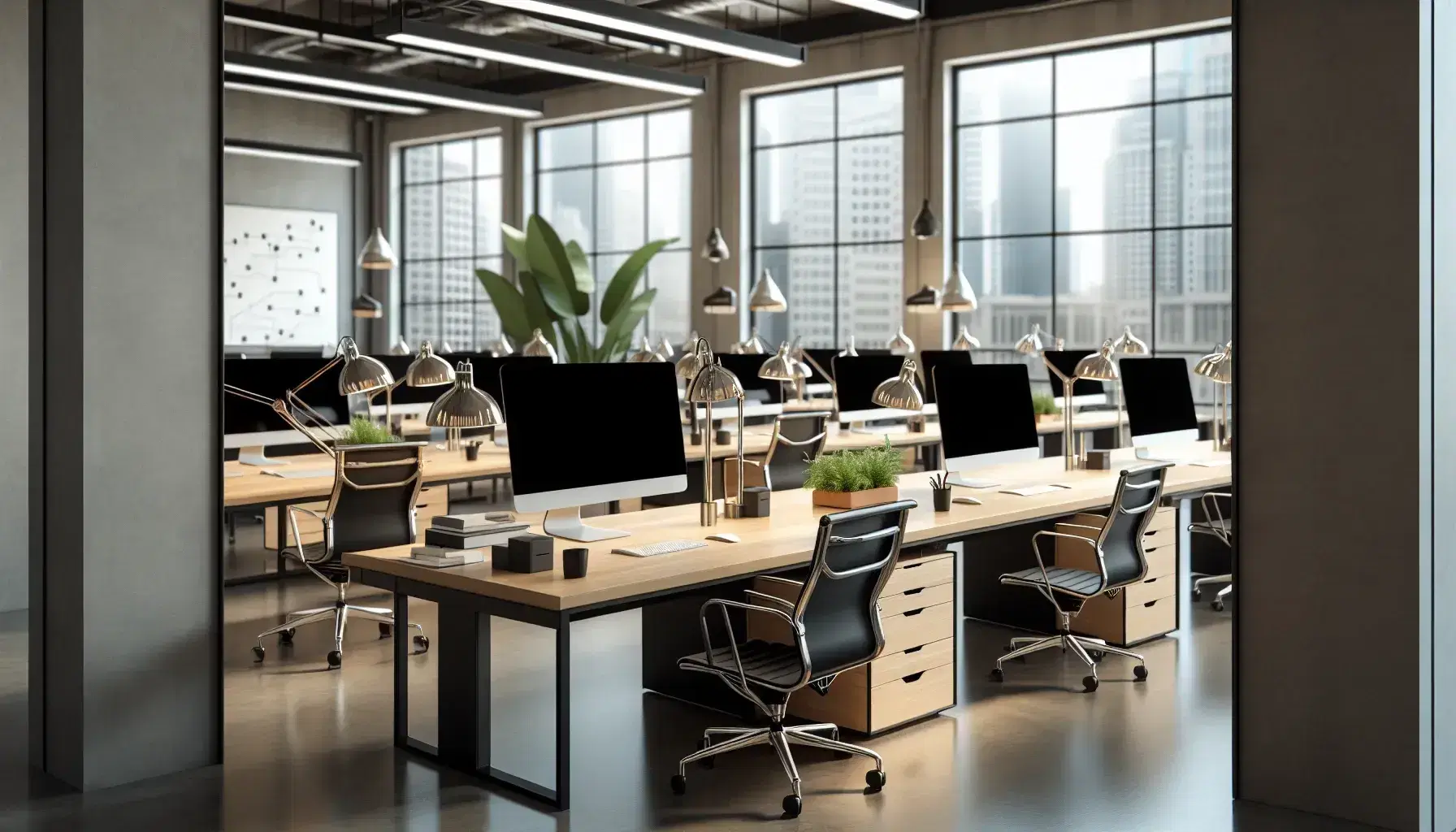Espacio de oficina amplio y ordenado con escritorios de madera clara, sillas ergonómicas negras, lámparas modernas y computadoras, junto a una planta y grandes ventanas.