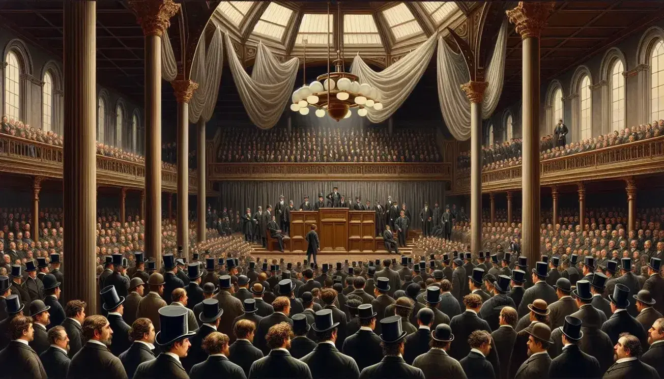 19th-century assembly hall with men in period suits and hats, focused on a speaker at a podium, under chandelier lighting, evoking historical debate.
