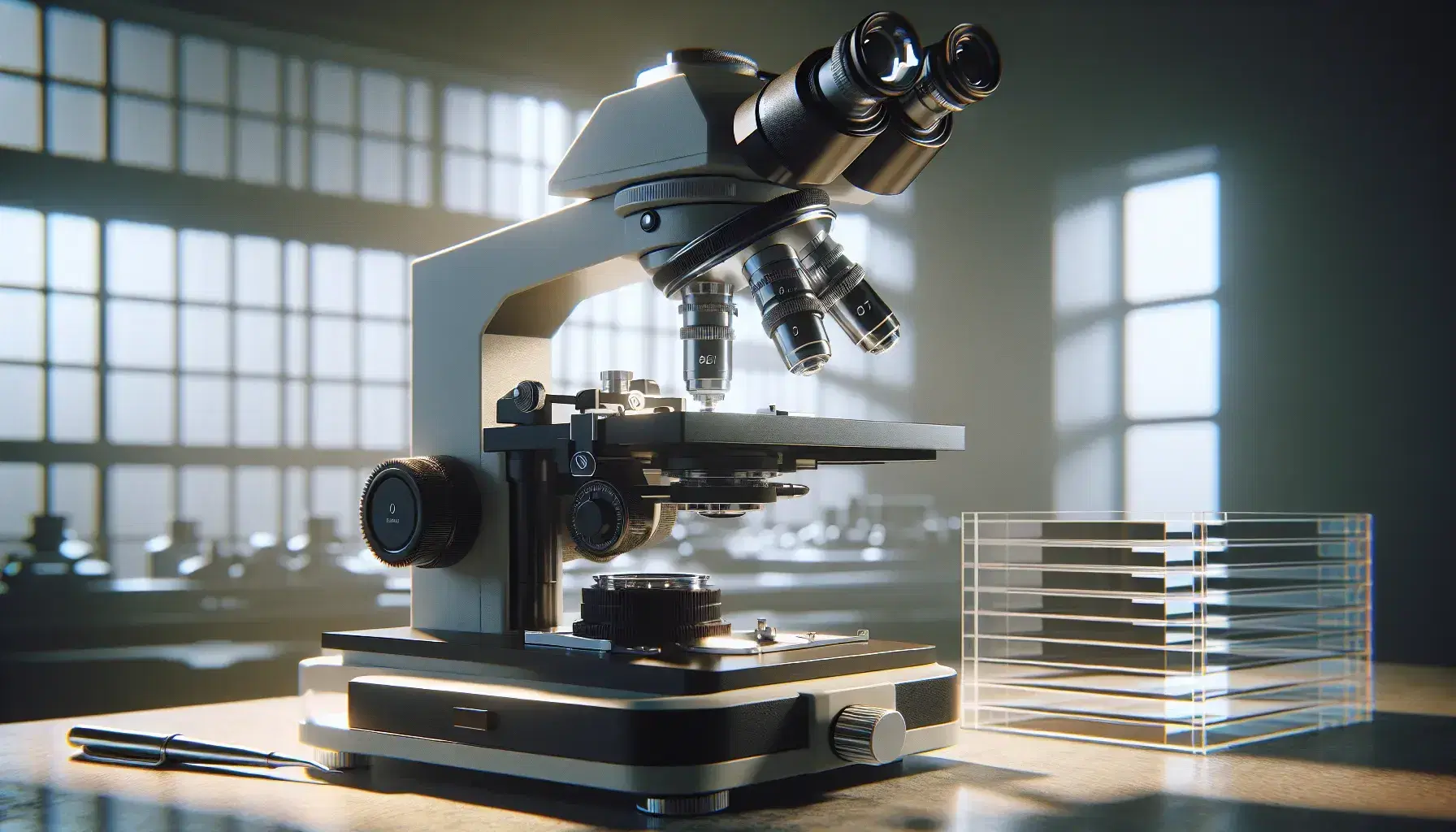 Microscopio óptico moderno con enfoque en la platina, objetivos y controles de enfoque, junto a portaobjetos de vidrio en laboratorio.