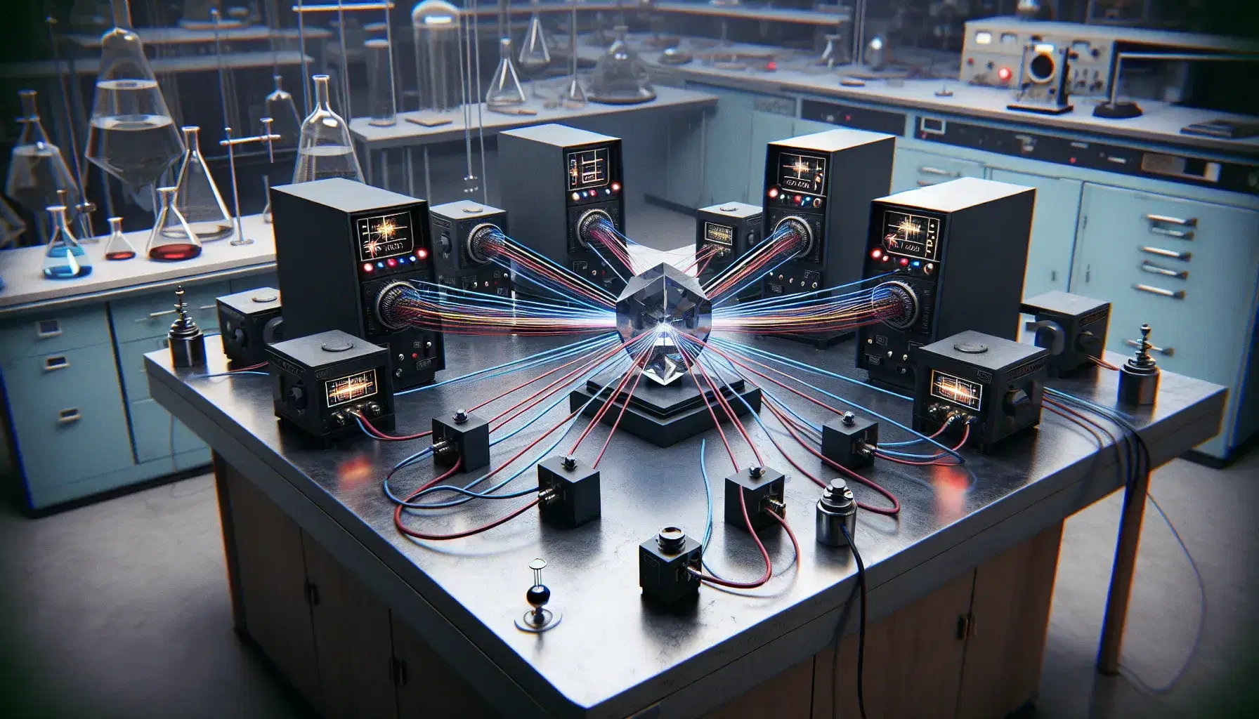Laboratory with table and equipment for generation and detection of entangled photons, crystals, red and blue lasers, detectors and oscilloscope turned off.