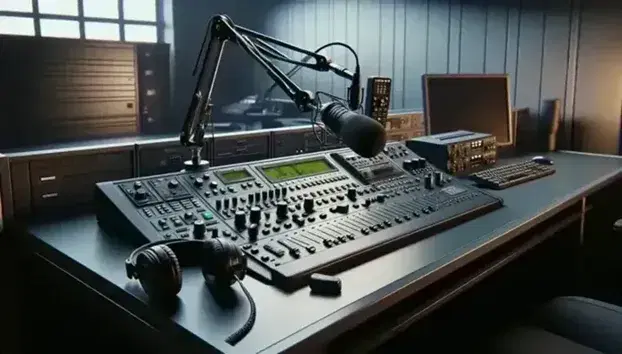 Mesa de trabajo en sala de control de comunicaciones con consola de radio profesional, micrófono en brazo articulado y auriculares negros, fondo con pantalla y teclado apagados.