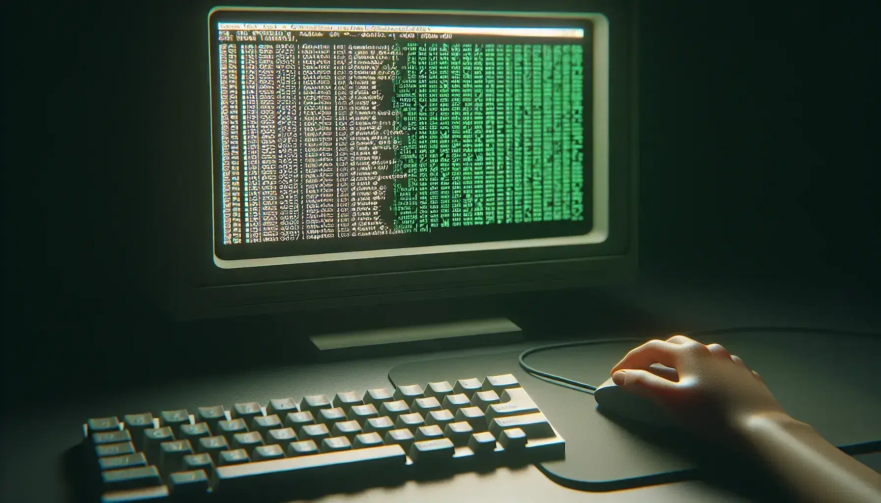 Close-up of a computer monitor with text user interface on black background and green text, blurred keyboard and hand on mouse.