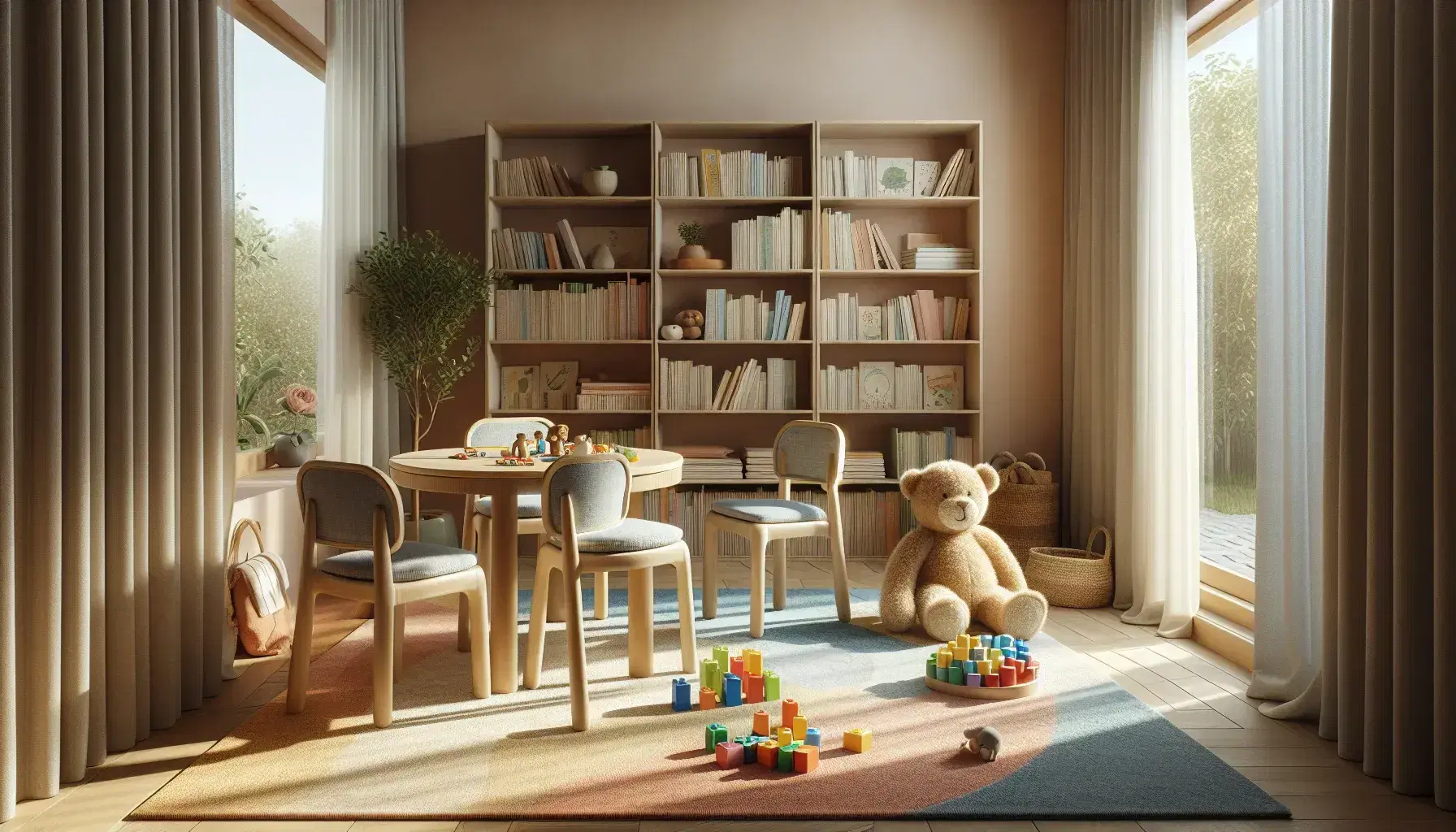 Sunlit children's playroom with a round wooden table, cushioned chairs, colorful toys, a book-filled shelf, and a vibrant area rug under a large window.