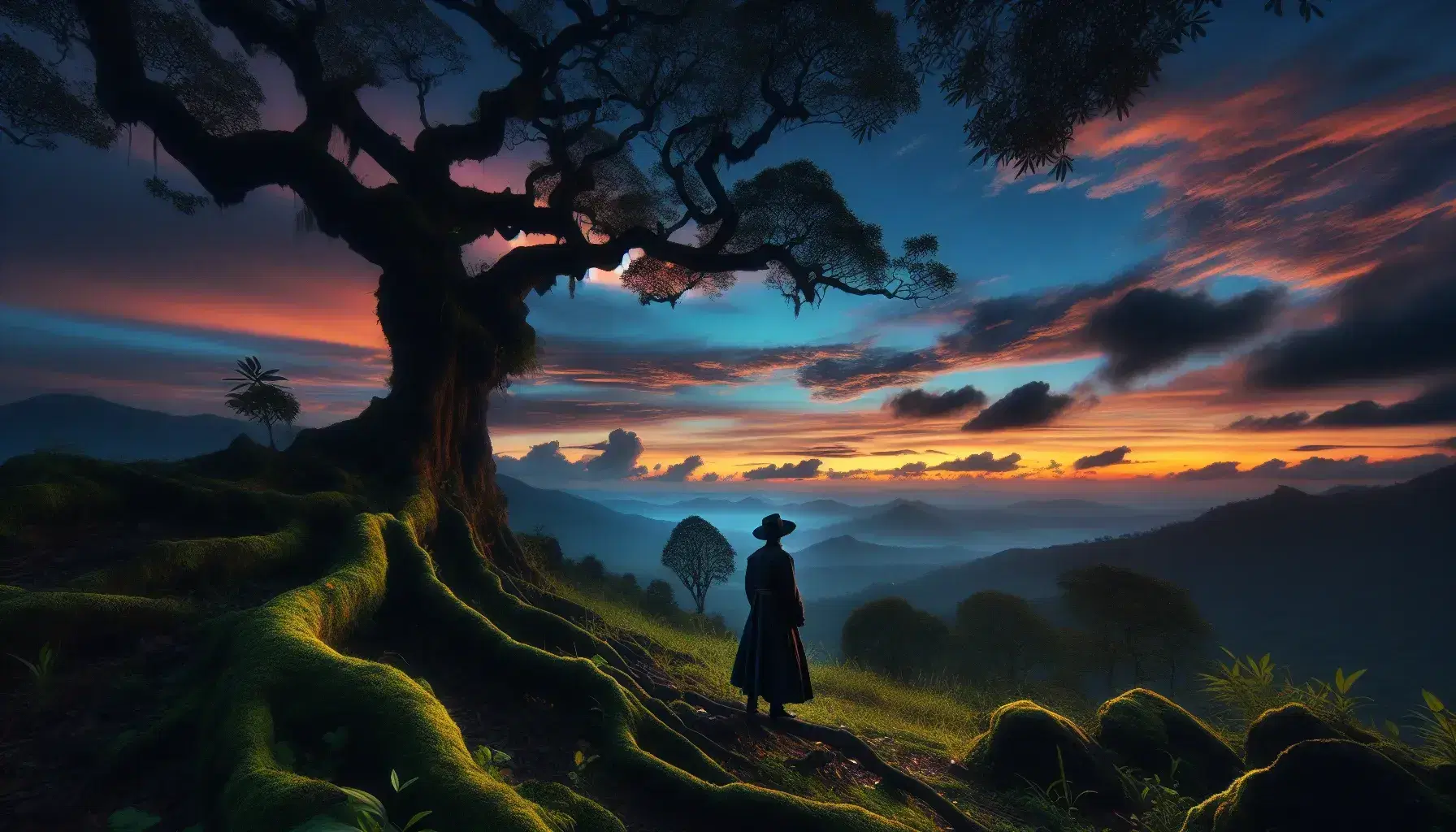Atardecer en paisaje natural con árbol frondoso y figura humana en ropa de época contemplando el horizonte montañoso.