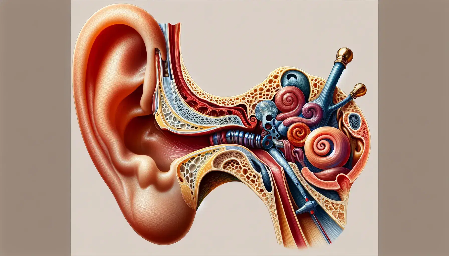Detailed anatomy of human ear with auricle, ear canal, eardrum, ossicles, cochlea and auditory nerve on neutral background.
