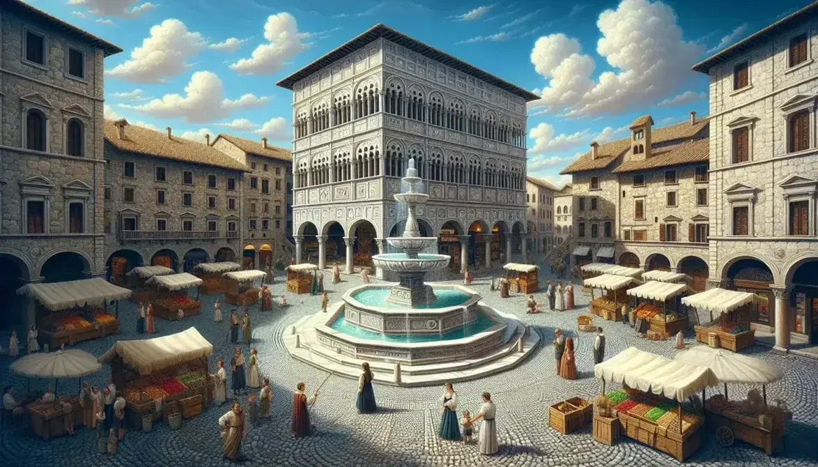 Piazza rinascimentale animata con fontana in marmo, bancarelle, artisti di strada e edifici storici sotto un cielo azzurro.