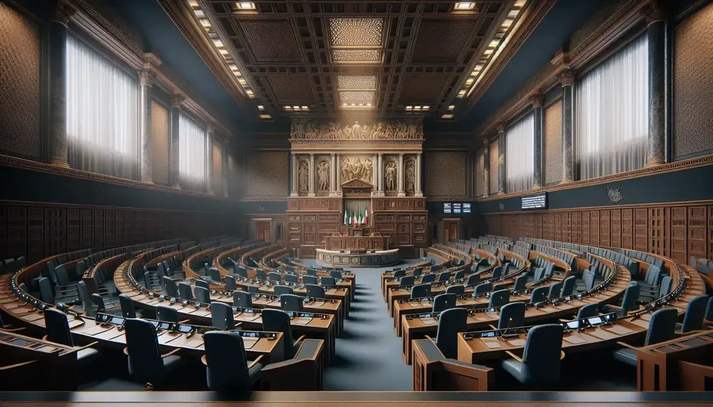 Interno solenne e maestoso di un'aula parlamentare italiana con scrivanie a semicerchio vuote, presidenza in fondo e luce naturale.