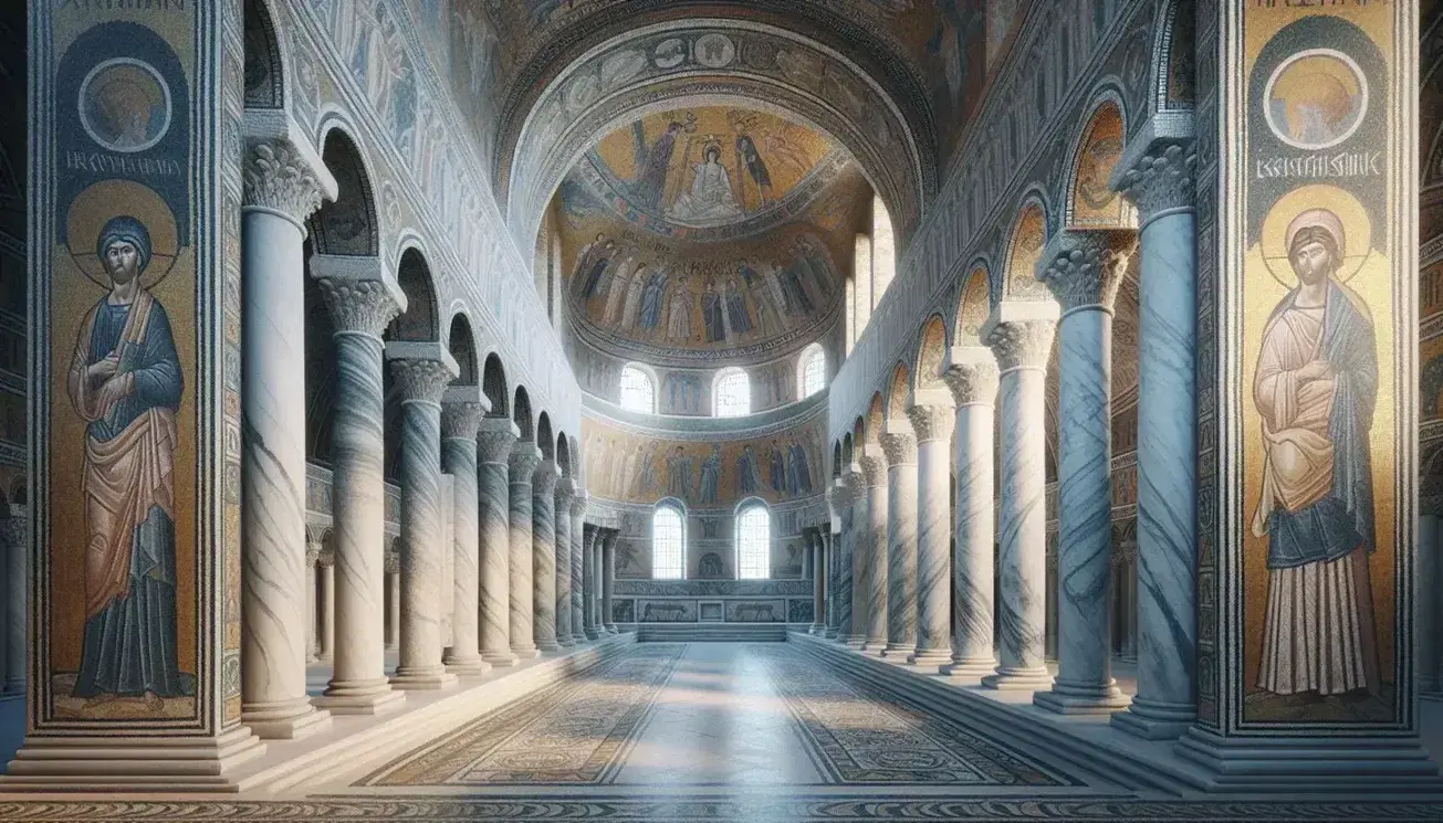 Interno di basilica paleocristiana con colonne marmoree, archi, mosaici colorati a scene religiose e apse semicircolare illuminata da finestre alte.