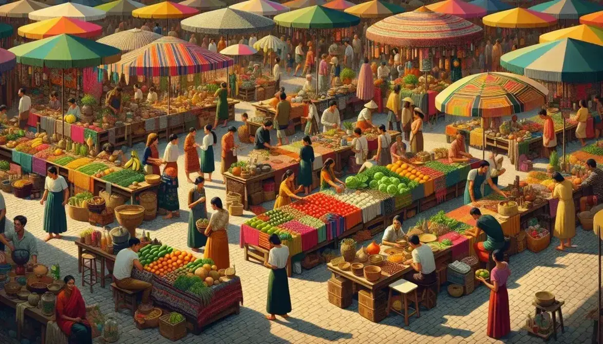 Mercado al aire libre con mesas de frutas, verduras y artesanías, gente interactuando en un día soleado sin nubes.