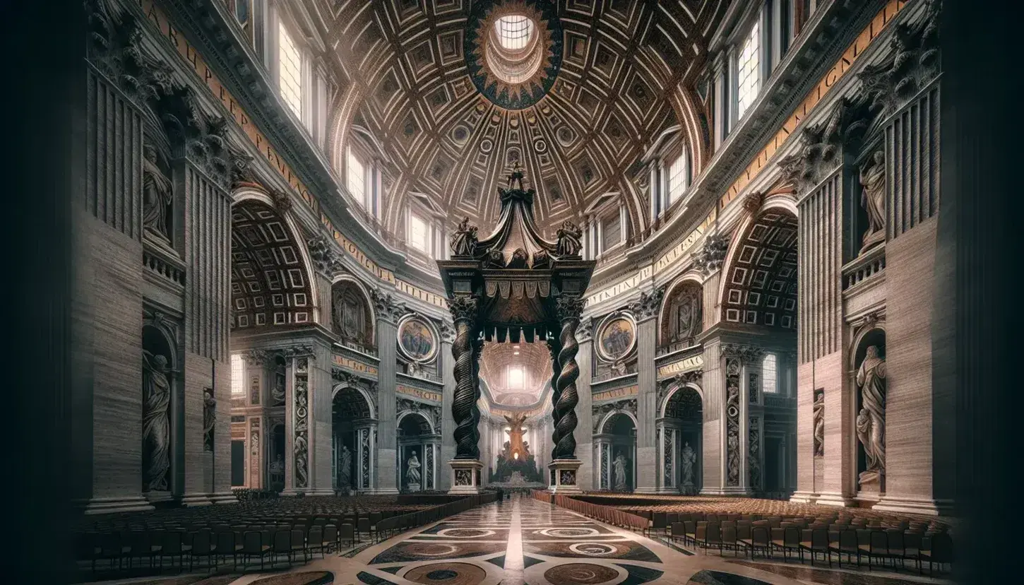 Vista interna della Basilica di San Pietro con il Baldacchino di Bernini e parte del Monumento funebre di Urbano VIII.