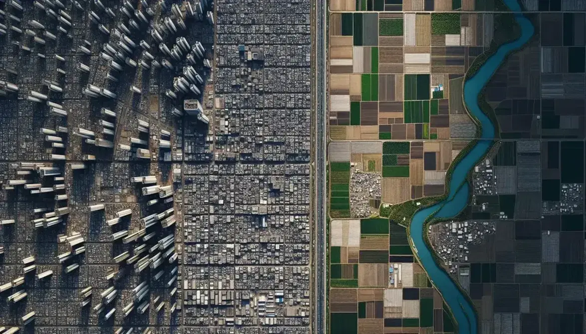 Vista aérea contrastante entre una zona urbana densamente poblada con edificios y calles en cuadrícula y una zona rural con campos de cultivo y un río serpenteante.