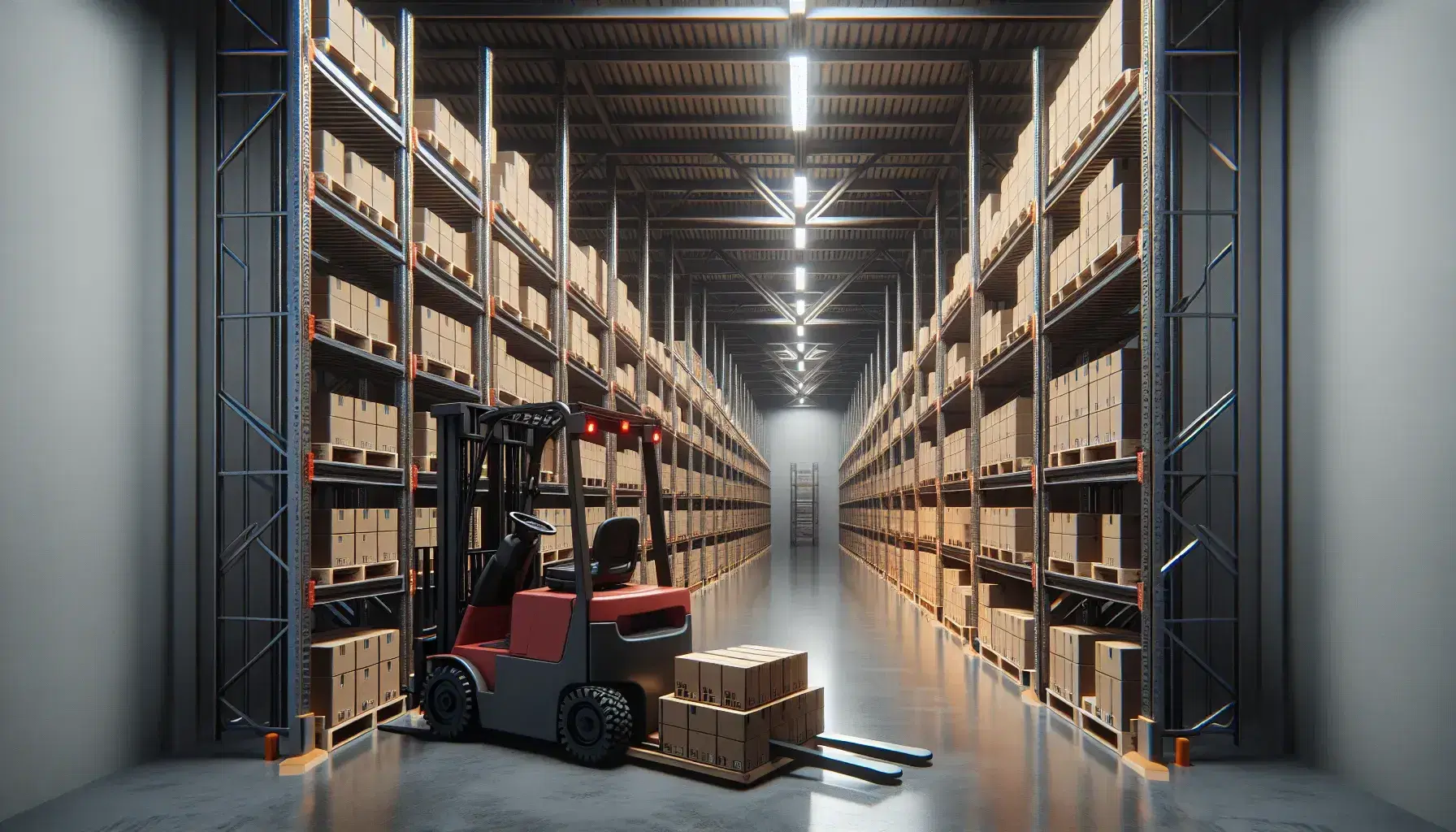 Forklift with empty forks in a clean warehouse, rows of shelving with neatly stacked cardboard boxes, polished concrete floor, and overhead lighting.