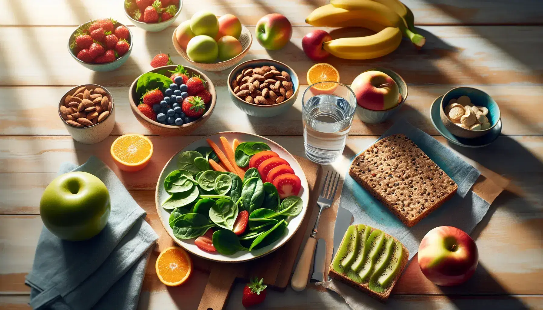 Mesa de madera clara con alimentos saludables, ensalada verde en plato blanco, vaso de agua, frutas rojas en cuenco, manzana, banana, naranja y almendras con barras de pan integral.