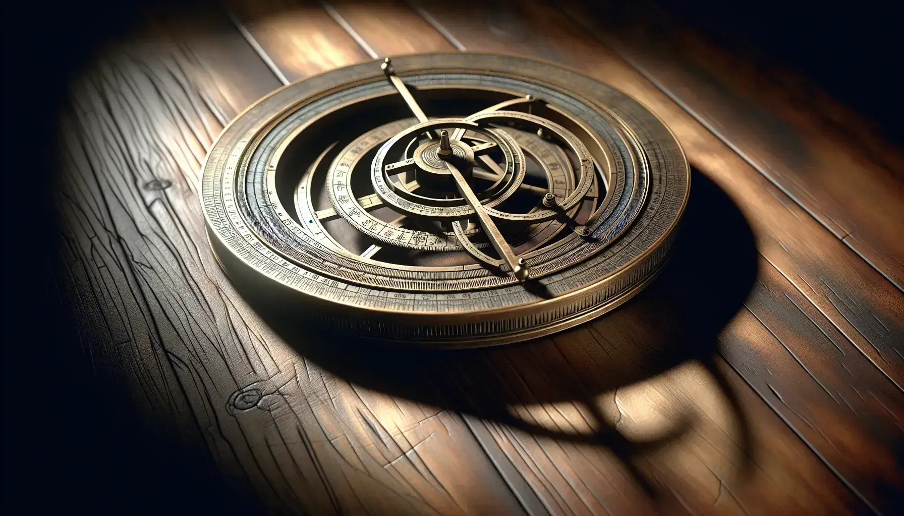 Astrolabe antiguo de bronce con círculos concéntricos y brazos ajustables sobre superficie de madera oscura, iluminado lateralmente que resalta su textura y tridimensionalidad.
