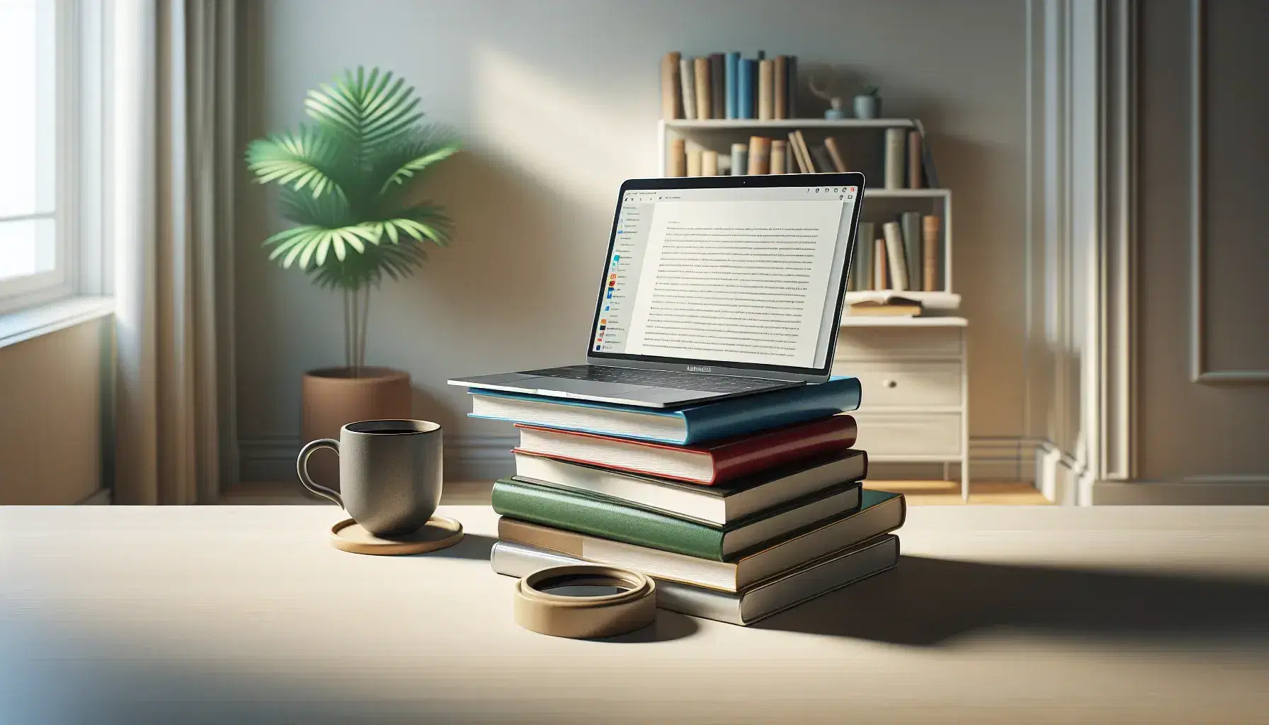 Pila de libros coloridos sobre mesa de madera con laptop abierto y taza de café al lado, planta verde en primer plano y ventana con cortinas al fondo.