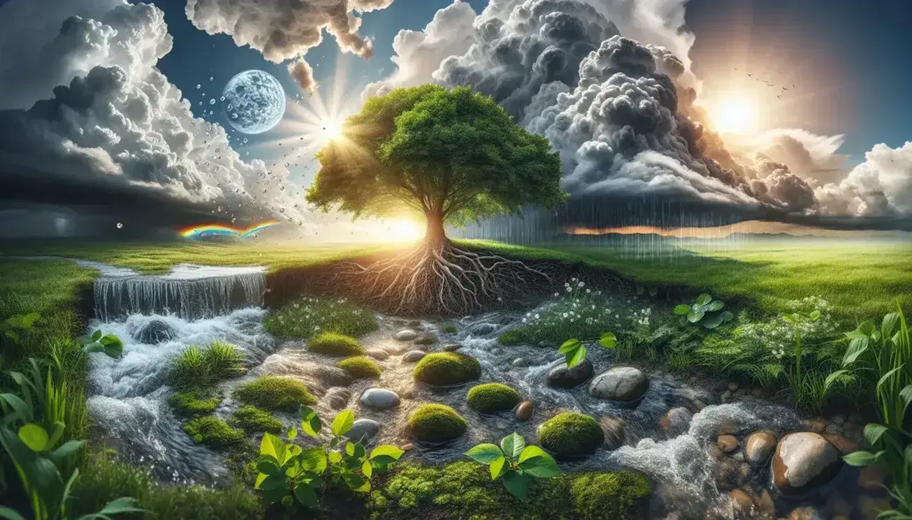 Ciclo idrologico naturale con erba verde, ruscello, albero, gocce d'acqua, cielo nuvoloso e arcobaleno parziale.