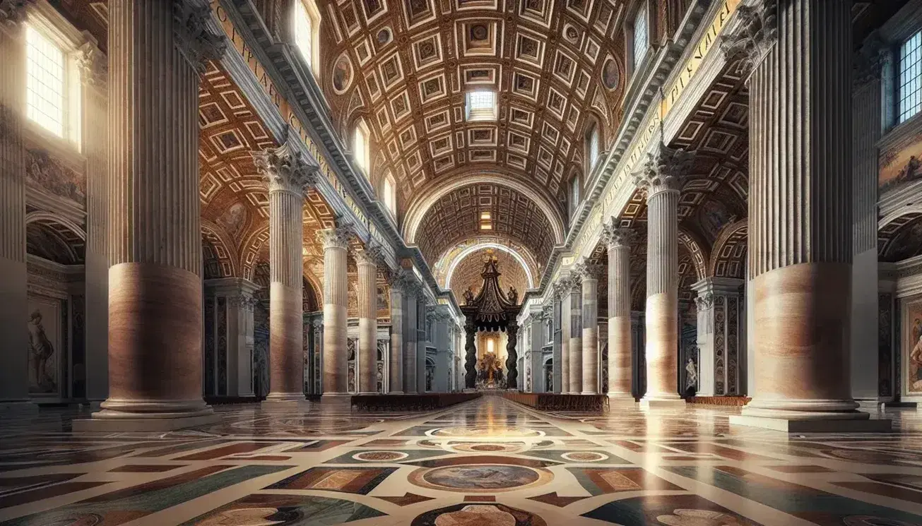 St. Peter's Basilica interior with polished marble columns, golden coffered ceiling, and bronze baldachin over the altar in Vatican City.