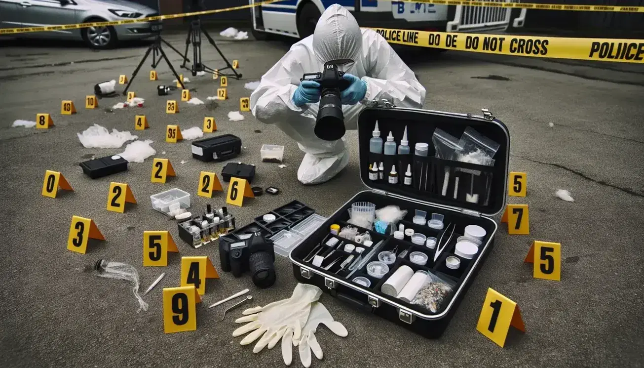 Laboratorio forense móvil en escena del crimen con maleta de herramientas, marcadores de evidencia y técnico en traje protector tomando fotografías.