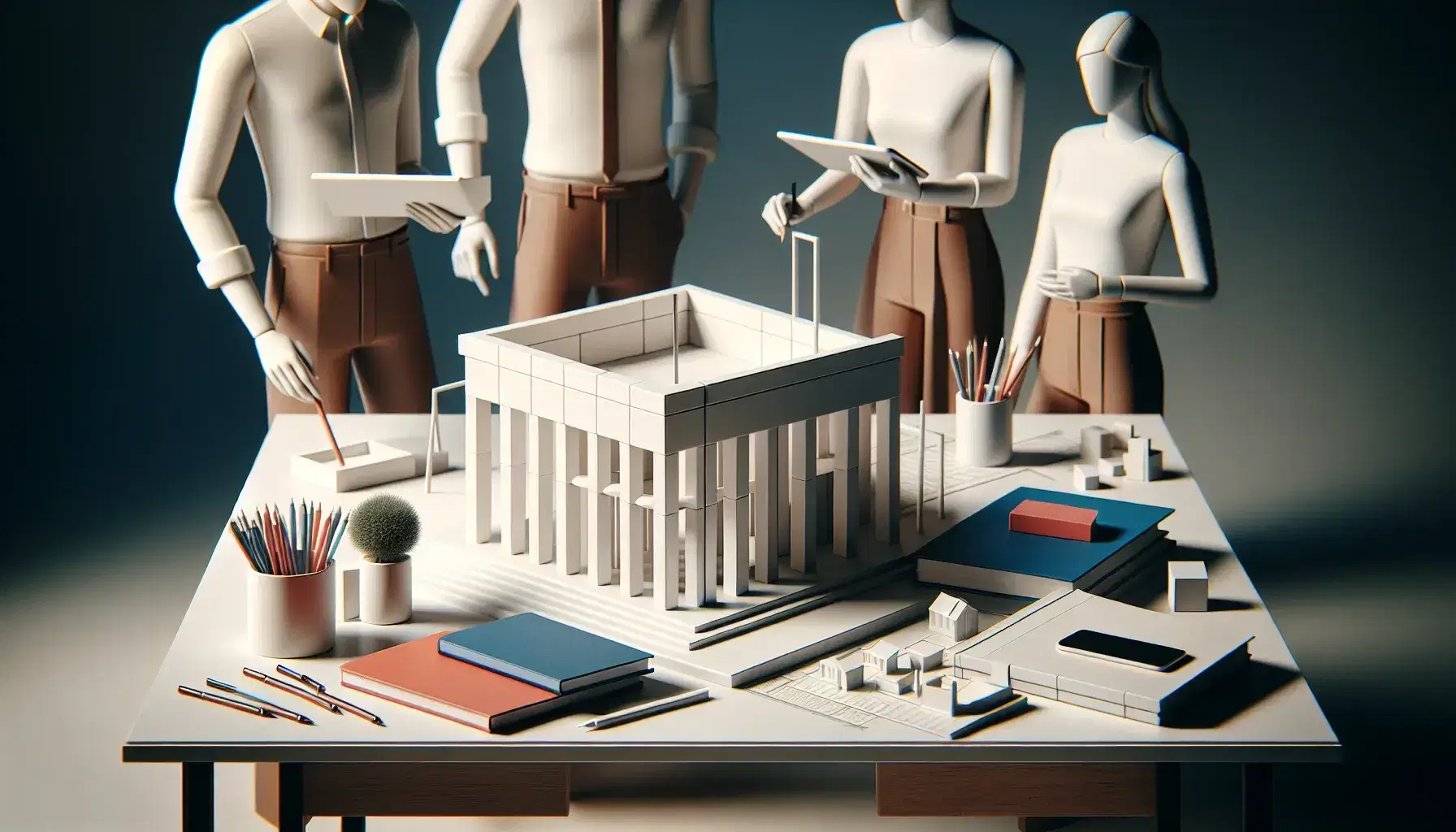 Tres profesionales colaboran en un proyecto, analizando un modelo arquitectónico blanco en una mesa con libretas y planta.