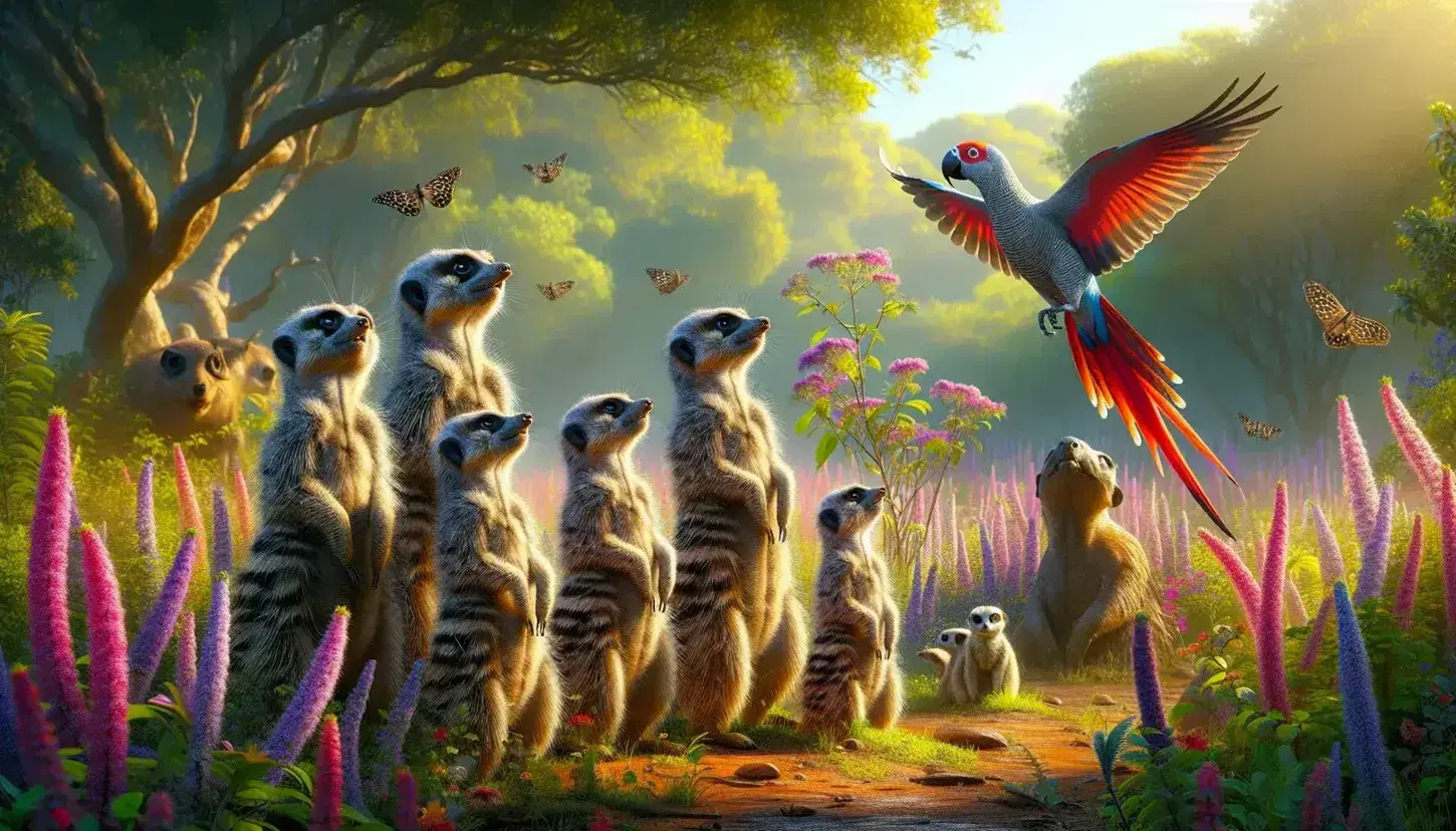 Meerkats standing on a meadow, African gray parrots on a branch, bee near purple flowers and elephant with raised trunk in a forest.